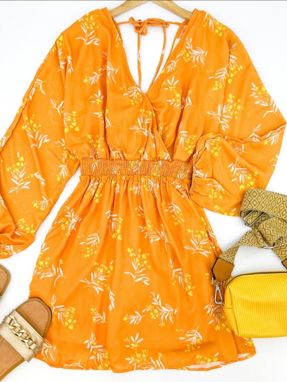 NWT Peach Love California Orange Floral Tie-Back Smocked Waist Tangerine Dress
